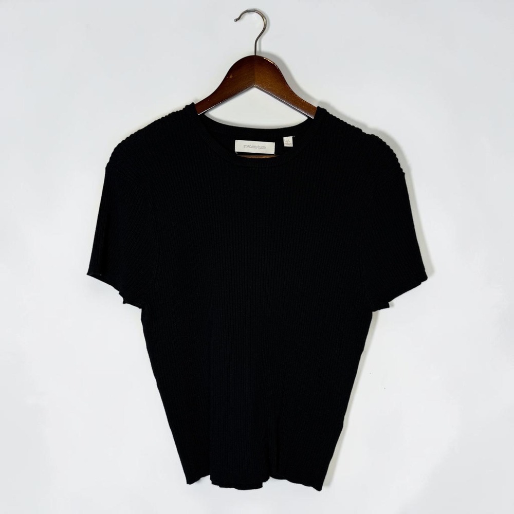 Standard Cloth Rib Knit Short Sleeve Sweater Tee Minimalist Retro Black size S